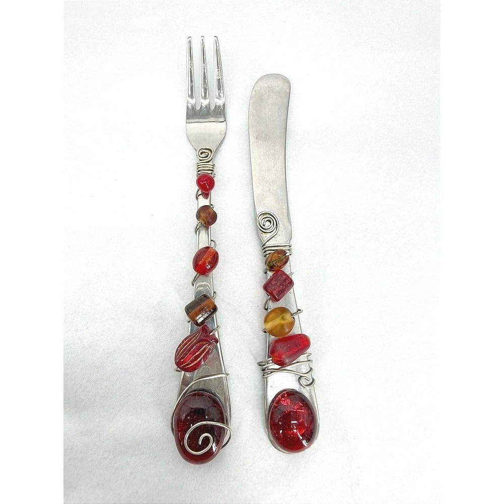 Wire Wrapped Beaded Fork & Knife Appetizer Flatware Set Red Elegant Tableware